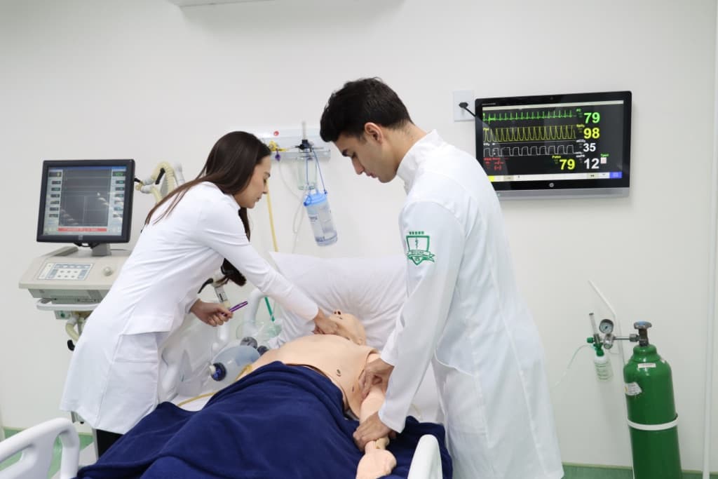 Médico em jaleco com estetoscópio, usando smartphone; prática clínica integrada com tecnologia